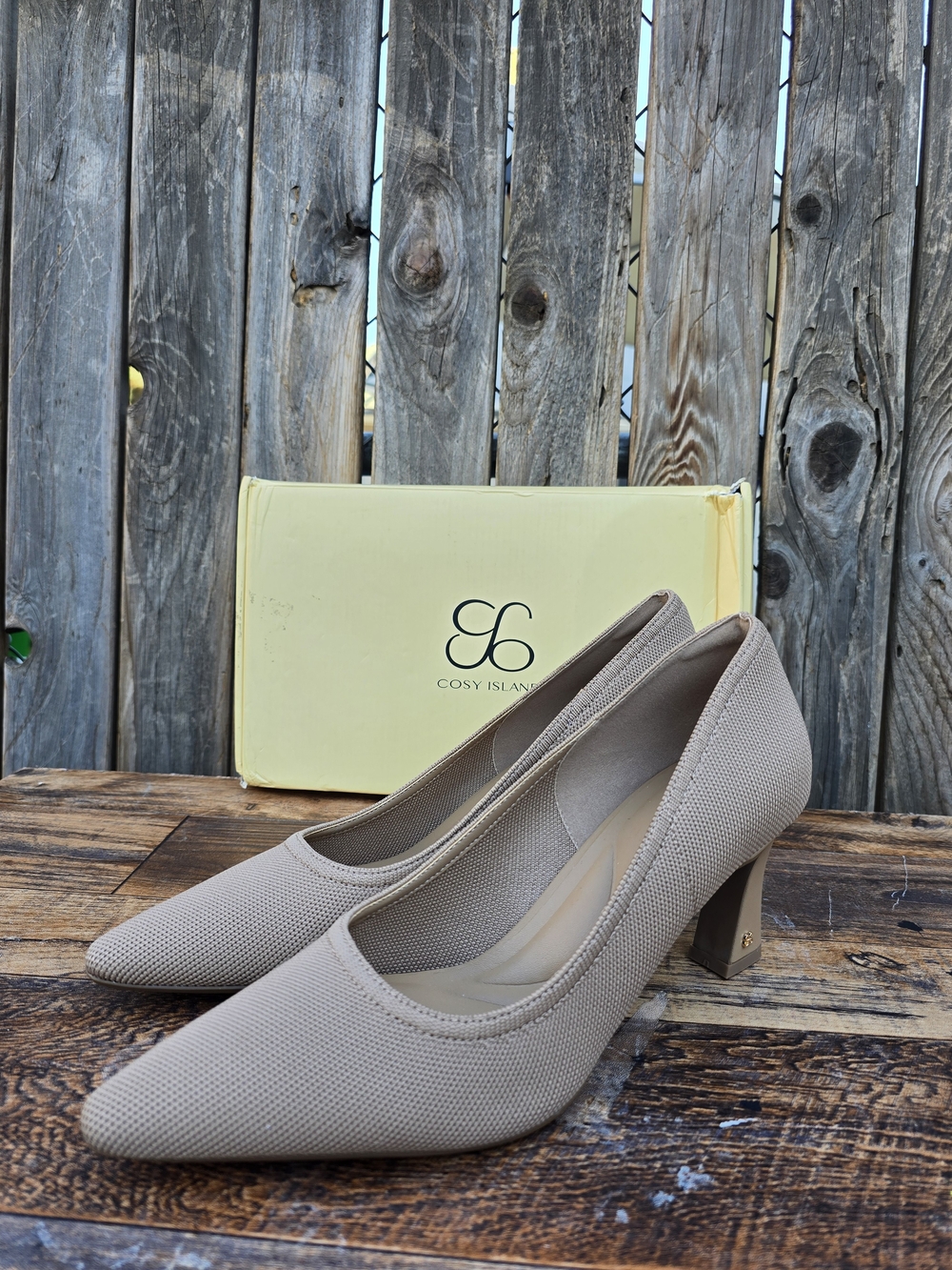 Taupe Pointed Block Heel Pumps